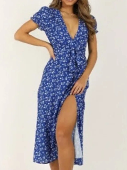 Showpo Blue Floral Wrap Midi Dress